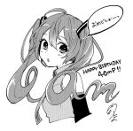  1girl :o arm_at_side armpit_crease bare_shoulders breasts collared_shirt commentary cropped_torso curly_hair detached_sleeves eyebrows_visible_through_hair eyelashes facing_viewer floating_hair grey_shirt greyscale hair_between_eyes halftone happy_birthday hatsune_miku headset light_blush long_hair looking_afar looking_back monochrome necktie parted_lips shiny shiny_hair shirt sideboob signature simple_background sleeveless sleeveless_shirt small_breasts solo speech_bubble tama_(songe) tareme translated twintails very_long_hair vocaloid white_background 
