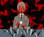  1boy akechi_gorou bird breast_pocket closed_eyes collared_shirt colored_skin cup grey_hair gun knife long_sleeves myon_(tokipi) necktie persona persona_5 plate pocket red_skin shirt short_hair smile solo striped striped_neckwear upper_body weapon white_shirt 