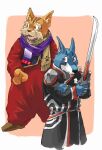  2007 anthro black_nose blue_body canid canine canis clothed clothing doggie_kruger domestic_dog duo felid feline humanoid_hands kemono leopon male mammal master_sha-fu power_rangers scarf tongue tongue_out weapon 