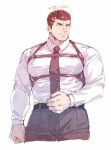  1boy alternate_costume bara between_pecs black_hair bulge chest_harness collared_shirt cropped_legs facial_hair grey_pants halo harness highres looking_to_the_side male_focus muscular muscular_male necktie necktie_between_pecs pants pectoral_press pectorals shirt short_hair sketch solo stubble tokyo_houkago_summoners white_background white_shirt yellow_eyes zabaniya_(tokyo_houkago_summoners) zabaniyan 