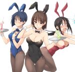  3girls animal_ears asymmetrical_hair bangs black_hair black_legwear black_leotard black_neckwear blue_eyes blue_hair blue_leotard blue_neckwear blush breasts brown_eyes brown_hair bunny_ears bunny_tail cherry cleavage closed_mouth collar commentary_request constricted_pupils covered_navel cup detached_collar drinking_glass drinking_straw earrings eyebrows_visible_through_hair fake_animal_ears fake_tail food frown fruit grin halterneck hand_in_hair hand_on_own_chest highres holding holding_tray jewelry kitano_(zekkyon) large_breasts leaning_forward lemon lemon_slice leotard ligh_xi lime_slice long_hair looking_at_viewer low_ponytail medium_breasts medium_hair multiple_girls neck_ribbon original osawa_(zekkyon) pantyhose playboy_bunny red_leotard red_neckwear ribbon shimorenjaku_(zekkyon) short_hair side-tie_leotard sidelocks simple_background sleeveless smile spilling standing tail thigh_gap tray tripping white_background white_collar wrist_cuffs zekkyon 