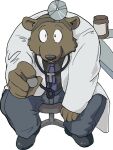  2006 anthro bottomwear brown_body brown_fur bulge clothing doctor fur humanoid_hands kemono leopon low_res male mammal medical_instrument pants scientific_instrument sitting slightly_chubby solo ursid 