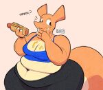  2020 4_fingers aimbot-jones anthro belly charizard claws clothed clothing crop_top deep_navel eating english_text eyelashes female fingers food half-closed_eyes hi_res holding_food holding_object hot_dog looking_aside midriff mustard narrowed_eyes navel nintendo orange_body orange_scales overweight overweight_anthro overweight_female pok&eacute;mon pok&eacute;mon_(species) scales scalie shirt solo text thick_thighs topwear valentina_(aimbot-jones) video_games wide_hips 