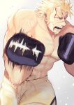  1boy abs bara bare_pecs blonde_hair blood blood_from_mouth blood_on_face boxing boxing_gloves boxing_shorts cowboy_shot facial_hair goatee highres incoming_attack injury jacob_(tokyo_houkago_summoners) kihane_atsusane looking_at_viewer male_focus manly motion_blur motion_lines muscular muscular_male pectorals short_hair shorts sideburns solo stomach tokyo_houkago_summoners veins 