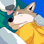  1:1 2006 anthro black_nose brown_body brown_fur canid canine canis clothing digital_media_(artwork) domestic_dog duo eyes_closed fur hoodie hug kemono leopon low_res male mammal oekaki shirt tongue tongue_out topwear 