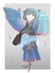  1girl arms_up bag bird_legs blue_feathers blue_wings commentary_request feathered_wings feathers flower green_hair hair_flower hair_ornament harpy headband highres messenger_bag monster_girl niquoro open_mouth original purple_eyes shoulder_bag solo standing standing_on_one_leg tail_feathers talons v vest winged_arms wings 