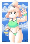  absurd_res animal_crossing anthro ball big_breasts bikini bra breasts canid clothing female hi_res isabelle_(animal_crossing) mammal nintendo panthera_cantus smile solo sports_bra swimwear thick_thighs thong underwear video_games volleyball_(ball) wide_hips wristband 