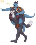  abs aloha_shirt anthro blue_body blue_eyes blue_scales bulge canid canine canis carrying chest_tuft claws clothing dragon draxius duo emanata feet fur gray_alister grey_body grey_fur grey_hair hair hi_res horn humanoid_feet male mammal nipples pattern_clothing pattern_shirt pattern_topwear piggyback pink_nipples red_clothing red_underwear roman_numeral scales scar shirt simple_background step_pose sunelchikito tattoo toe_claws topwear tuft underwear white_background white_body white_fur wolf 
