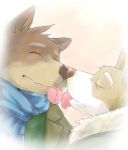  2006 anthro brown_body brown_fur brown_nose canid canine canis clothing domestic_dog duo eyes_closed fur kemono kissing leopon male mammal scarf shirt sweater tongue tongue_out topwear white_body white_fur 