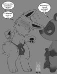  absurd_res animal_crossing anthro balls blush bottomwear clothed clothing crossover duo eeveelution english_text fur genitals hi_res jolteon loincloth male mammal miau monochrome nintendo open_mouth pok&eacute;mon pok&eacute;mon_(species) simple_background text tom_nook_(animal_crossing) video_games 
