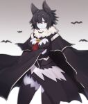  1girl animal_ears bat bat_ears bat_girl black_cape black_capelet black_hair black_theme blush breasts cape capelet closed_mouth expressionless fang fang_out fur_trim highres looking_at_viewer monster_girl original pale_skin red_eyes solo standing symbol_commentary thighhighs yonaga 