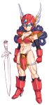  1girl abs armor arms_at_sides bikini_armor blue_eyes boots choker commentary_request curly_hair dragon_quest dragon_quest_iii eyebrows_visible_through_hair helmet high_heel_boots high_heels long_hair muscular muscular_female pauldrons purple_hair shoulder_armor shoumaru_(gadget_box) simple_background smile soldier_(dq3) sword weapon white_background winged_helmet 
