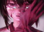  1girl bangs black_hair blood blood_on_face blood_splatter copyright_request glasses gloves grey_background hatena_(nazequestion) highres looking_at_viewer pink_eyes pink_gloves putting_on_gloves reflection short_hair solo 