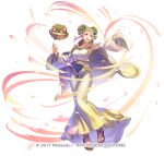  1girl alternate_costume alternate_hairstyle anbe_yoshirou arm_up armpits aura belt blonde_hair cape circlet collarbone commentary_request detached_sleeves dress energy fire_emblem fire_emblem_heroes floating floating_object flower full_body gold_belt gold_dress gold_trim gradient_dress gradient_hair green_eyes hair_flower hair_ornament henriette_(fire_emblem) jewelry knees_together_feet_apart long_dress looking_to_the_side multicolored multicolored_clothes multicolored_dress multicolored_hair open_mouth petals pink_hair rose sandals sapphire_(gemstone) shadow simple_background smile solo taut_clothes taut_dress vase watermark white_background white_cape white_dress wide_sleeves 