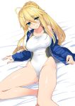  1girl ahoge artoria_pendragon_(all) artoria_pendragon_(lancer) bangs bare_shoulders blonde_hair blue_jacket blush braid breasts collarbone fate/grand_order fate_(series) french_braid green_eyes hair_between_eyes highleg highleg_swimsuit highres jacket large_breasts long_hair long_sleeves looking_at_viewer namonashi one-piece_swimsuit open_clothes open_jacket ponytail sidelocks smile swimsuit thighs white_swimsuit 