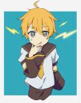  +_+ 1boy ahoge blonde_hair blue_eyes commentary detached_sleeves electricity hand_on_own_chin kagamine_len lightning_bolt looking_at_viewer necktie sailor_collar shorts sketch solo star-shaped_pupils star_(symbol) symbol-shaped_pupils tongue tongue_out vocaloid zimoow 