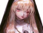  1girl bangs blonde_hair catholic gloves habit hatena_(nazequestion) highres jewelry long_hair looking_at_viewer necklace nun original red_eyes scar scar_across_eye simple_background solo white_background white_gloves 