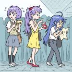  3girls ahoge ayanami_rei ayanami_rei_(cosplay) blue_hair cellphone cellphone_charm choker comiket commentary cosplay crowd dress eyebrows_visible_through_hair food hiiragi_kagami hiiragi_tsukasa ikari_shinji ikari_shinji_(cosplay) izumi_konata long_hair lucky_star map multiple_girls necktie neon_genesis_evangelion pants phone pleated_skirt pocky purple_hair sandwich shirt_tucked_in skirt souryuu_asuka_langley souryuu_asuka_langley_(cosplay) sundress sweatdrop truffleduster undershirt 