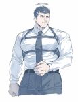  1boy alternate_costume bara between_pecs black_hair blue_theme bulge chest_harness collared_shirt cropped_legs facial_hair grey_pants halo harness highres looking_to_the_side male_focus muscular muscular_male necktie necktie_between_pecs pants pectoral_press pectorals shirt short_hair sketch solo stubble tokyo_houkago_summoners white_background white_shirt yellow_eyes zabaniya_(tokyo_houkago_summoners) zabaniyan 