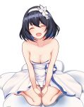  1girl absurdres bare_arms bare_shoulders barefoot black_hair blue_hair blush breasts cleavage closed_eyes collarbone commentary dress flower hair_flower hair_ornament hairband happy highres honkai_(series) honkai_impact_3rd medium_breasts merong multicolored_hair open_mouth seele_vollerei short_hair sitting strapless strapless_dress two-tone_hair wariza white_dress white_flower 