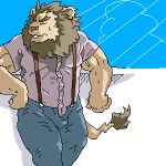  1:1 2006 bodily_fluids bottomwear brown_body brown_fur bulge clothing digital_media_(artwork) eyes_closed felid fur humanoid_hands kemono leopon lion low_res male mammal oekaki outside pantherine pants shirt solo sweat topwear 