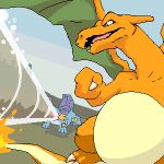  1:1 2006 anthro belly charizard digital_media_(artwork) duo kemono leopon low_res nintendo oekaki orange_body outside overweight pok&eacute;mon pok&eacute;mon_(species) swampert teeth video_games water wings 