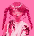  1girl braid commentary_request eyebrows_visible_through_hair hatena_(nazequestion) long_hair looking_at_viewer original pink_background pink_eyes pink_hair pink_theme scorpion shirt simple_background solo twin_braids upper_body white_shirt 