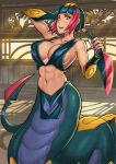  1girl abs absurdres arm_up black_hair blue_nails bob_cut breasts gauntlets gen_3_pokemon highres indoors lamia large_breasts loincloth monster_girl multicolored_hair nail_polish navel ninja no_bra no_panties personification pokemon red_eyes red_hair redjet reverse_grip seviper short_hair smile solo streaked_hair 