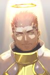  1boy bara black_hair close-up face facial_hair fire frown glowing glowing_eyes halo highres looking_at_viewer male_focus muscular muscular_male portrait short_hair solo spotlight stubble tokyo_houkago_summoners yellow_eyes zabaniya_(tokyo_houkago_summoners) zabaniyan 