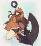  1girl anchor bag bangs bike_shorts blush brown_eyes brown_hair cabbie_hat closed_mouth full_body guilty_gear guilty_gear_strive hat highres holding holding_weapon jacket long_hair looking_at_viewer may_(guilty_gear) orange_headwear orange_jacket pirate pirate_hat shoes simple_background skull_and_crossbones smile solo v-shaped_eyebrows weapon yonaga 