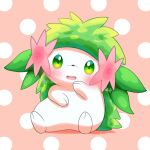  absurdres blush commentary_request eyelashes full_body gen_4_pokemon green_eyes highres looking_at_viewer mythical_pokemon no_humans open_mouth pokemer pokemon pokemon_(creature) polka_dot polka_dot_background shaymin shaymin_(land) signature solo tongue 