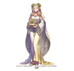  1girl alternate_costume alternate_hairstyle anbe_yoshirou blonde_hair cape circlet collarbone commentary_request detached_sleeves dress fire_emblem fire_emblem_heroes flower full_body gold_trim gradient_hair green_eyes hair_flower hair_ornament henriette_(fire_emblem) holding jewelry long_dress looking_at_viewer multicolored_hair pink_hair rose sandals sapphire_(gemstone) shadow simple_background smile solo taut_clothes taut_dress vase watermark white_background white_cape white_dress wide_sleeves 