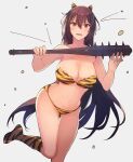  1girl alternate_costume animal_print bangs beans bikini black_hair boots breasts cleavage club commentary_request grey_background hair_between_eyes highres holding holding_weapon horns kanabou kantai_collection kasumi_(skchkko) knee_boots large_breasts long_hair mamemaki nagato_(kantai_collection) navel oni oni_horns open_mouth print_bikini red_eyes setsubun simple_background smile solo spiked_club swimsuit tiger_print weapon 