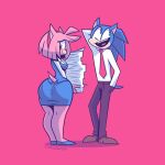  1:1 2021 absurd_res aggressive_retsuko amy_rose anthro bottomwear butt clothing cosplay crossover crossover_cosplay eulipotyphlan female haida hand_in_pocket hedgehog hi_res mammal mythabyss necktie pink_background pockets retsuko sanrio simple_background skirt solo sonic_the_hedgehog sonic_the_hedgehog_(series) 
