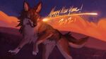  16:9 ambiguous_gender canid canine canis coyote english_text feral fireworks light lighting mammal mouth_hold outside signature snowfoxatheart solo text widescreen 