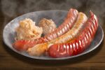  food food_focus garnish hokkaido_(artist) meat no_humans original plate realistic sausage steam still_life 