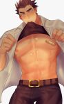  1boy abs bandaid bandaids_on_nipples bara bare_pecs belt black_tank_top blush bulge highres kihane_atsusane lifted_by_another male_focus male_lactation master_3_(tokyo_houkago_summoners) mouth_hold muscular muscular_male navel nipples open_clothes open_shirt pasties pectorals shirt shirt_lift short_hair solo stomach sweat tank_top tokyo_houkago_summoners white_shirt 