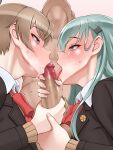  1boy 2girls blush brown_hair censored erection eyebrows_visible_through_hair fellatio ffm_threesome green_eyes green_hair group_sex heart heart-shaped_pupils hetero highres jacket kantai_collection kumano_(kantai_collection) licking licking_penis long_hair long_sleeves mosaic_censoring multiple_fellatio multiple_girls open_mouth oral penis penis_grab red_neckwear saliva suzuya_(kantai_collection) symbol-shaped_pupils threesome tsusshi 