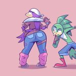  1:1 2021 accipitrid accipitriform activision annoyed anthro avian bandanna bird bottomwear butt clothed clothing cosplay crash_bandicoot crash_bandicoot_(series) crossover crossover_cosplay denim denim_clothing duo feathers female green_body green_feathers hi_res hirundinid jeans jet_the_hawk kerchief male melee_weapon mythabyss oscine pants passerine pirate_tawna purple_body purple_feathers rear_view sonic_riders sonic_the_hedgehog_(series) swallow_(bird) sword tawna_bandicoot topless video_games wave_the_swallow weapon 