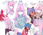  2021 2girls :d ^_^ animal_ears blue_hair brand_new_animal cellphone closed_eyes closed_mouth commentary_request fox_ears fox_girl fox_tail furry green_eyes grey_jacket hair_between_eyes highres hiwatashi_nazuna holding holding_phone hood hoodie hoyon jacket japanese_clothes kagemori_michiru letterman_jacket long_hair looking_at_viewer miko multicolored_hair multiple_girls multiple_views omikuji open_clothes open_jacket open_mouth phone pink_hair plaid plaid_scarf raccoon_ears raccoon_girl raccoon_tail red_eyes red_jacket scarf short_hair simple_background smile speech_bubble sweater tail track_jacket translation_request two-tone_hair white_background 