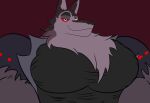  2021 absurd_res anthro canid canid_demon canine canis demon eye_scar facial_scar fur growth hellhound helluva_boss hi_res huge_pecs looking_at_viewer male mammal muscle_growth muscleartguy muscular muscular_anthro muscular_male pecs pecs_expansion scar simple_background smile smirk solo vortex_(vivzmind) wolf 