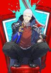  1boy angry black_footwear black_gloves black_pants blue_coat blue_eyes chair clenched_teeth coat devil_may_cry devil_may_cry_5 fingerless_gloves full_body gloves greatsword highres holding holding_sword holding_weapon looking_at_viewer male_focus nero_(devil_may_cry) ogata_tomio over_shoulder pants picture_frame pointing pointing_at_viewer prosthesis prosthetic_arm red_background red_queen_(sword) red_sweater shoes short_hair single_glove sleeves_pushed_up solo squatting sweater sword teeth water weapon white_hair 