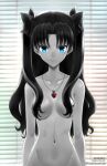  1girl black_hair black_ribbon blue_eyes blush breasts dated fate/stay_night fate_(series) hair_over_breasts hair_ribbon highres jewelry long_hair looking_at_viewer nude pendant ribbon shirotsumekusa solo standing tohsaka_rin twintails 