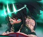  1girl akali bare_shoulders black_hair blush breasts crown eyebrows_visible_through_hair fellatio fellatio_under_mask green_eyes heart heart-shaped_pupils hetero k/da_(league_of_legends) league_of_legends long_hair looking_at_viewer mask mouth_mask mouth_veil mr._skull oral penis ponytail shoulder_tattoo solo solo_focus steam symbol-shaped_pupils tattoo veil 
