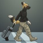  1:1 2016 african_wild_dog anthro big_ears black_nose boots bottomwear canid canine cargo_pants clothing fari_paredes footwear fur fur_pattern fuzzy_tail jacket lonelyworld looking_forward male mammal multicolored_body multicolored_fur orange_eyes pants side_view simple_background solo suitcase topwear walking 