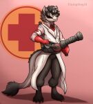  + anthro barefoot canid canine claws clothed clothing coat cosplay costume dragon eyewear glasses gloves handwear hi_res holding_object hybrid lab_coat male mammal necktie simple_background solo standing team_fortress_2 thony_dog toe_claws topwear valve video_games 