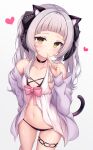  1girl absurdres animal_ears arata_(xin) bangs blunt_bangs breasts brown_eyes cat_ears cat_tail grey_background hair_ribbon highres hololive long_hair looking_at_viewer murasaki_shion navel ribbon silver_hair simple_background small_breasts smile solo tail thighs virtual_youtuber 