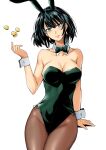  animal_ears black_hair breasts brown_legwear bunny_ears coin cuff_links duplicate fubuki_(one-punch_man) green_eyes haruhisky highres large_breasts leotard one-punch_man playboy_bunny solo_focus strapless strapless_leotard 