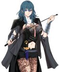  1girl absurdres armor bangs black_armor black_cape black_shirt black_shorts blue_eyes blue_hair breasts brown_legwear byleth_(fire_emblem) byleth_(fire_emblem)_(female) cape cleavage closed_mouth clothing_cutout commentary cowboy_shot crop_top dagger emblem eyebrows_visible_through_hair fire_emblem fire_emblem:_three_houses hair_between_eyes highres holding_riding_crop large_breasts long_hair looking_at_viewer margherita_(nwrh8858) navel navel_cutout pantyhose patterned_clothing riding_crop sheath sheathed shirt short_shorts shorts shoulder_armor sidelocks simple_background smile solo standing vambraces weapon white_background 