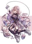  1girl absurdres black_legwear breasts commentary_request cyberpunk danganronpa_(series) danganronpa_2:_goodbye_despair fishnet_legwear fishnets gloves hair_ornament hairclip highres hood ind_(121) jacket long_sleeves looking_at_viewer monomi_(danganronpa) nanami_chiaki pink_hair shoes short_hair shorts sneakers solo thighhighs 